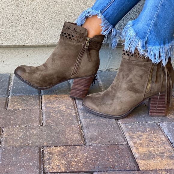 Military Green Fringe Laser Cut Block Heel Booties - Picture 5 of 10